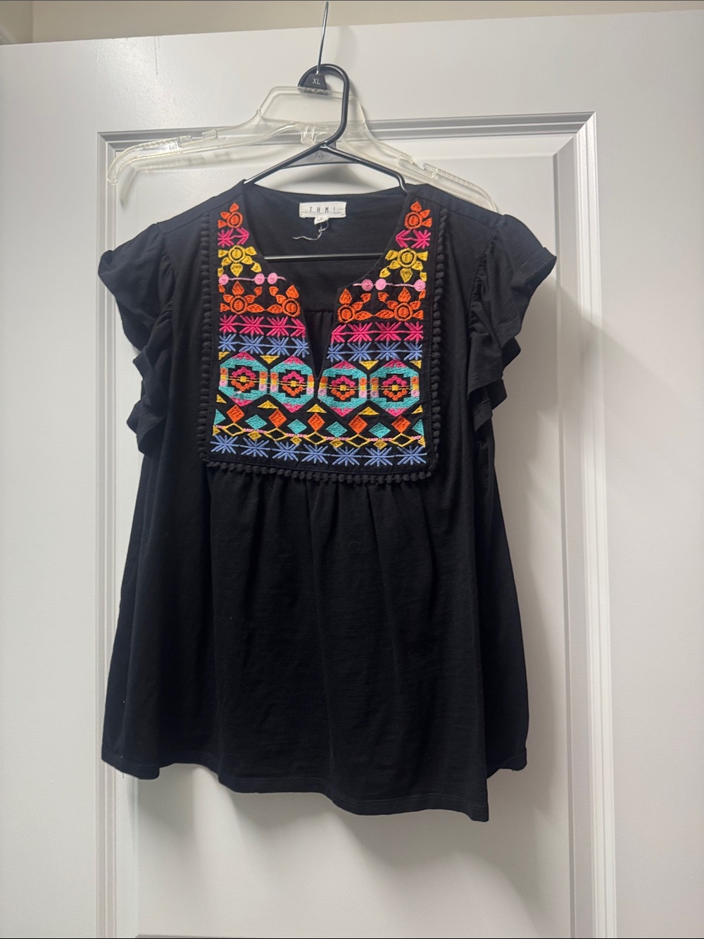 Black Embroidered Flutter-Sleeve Top